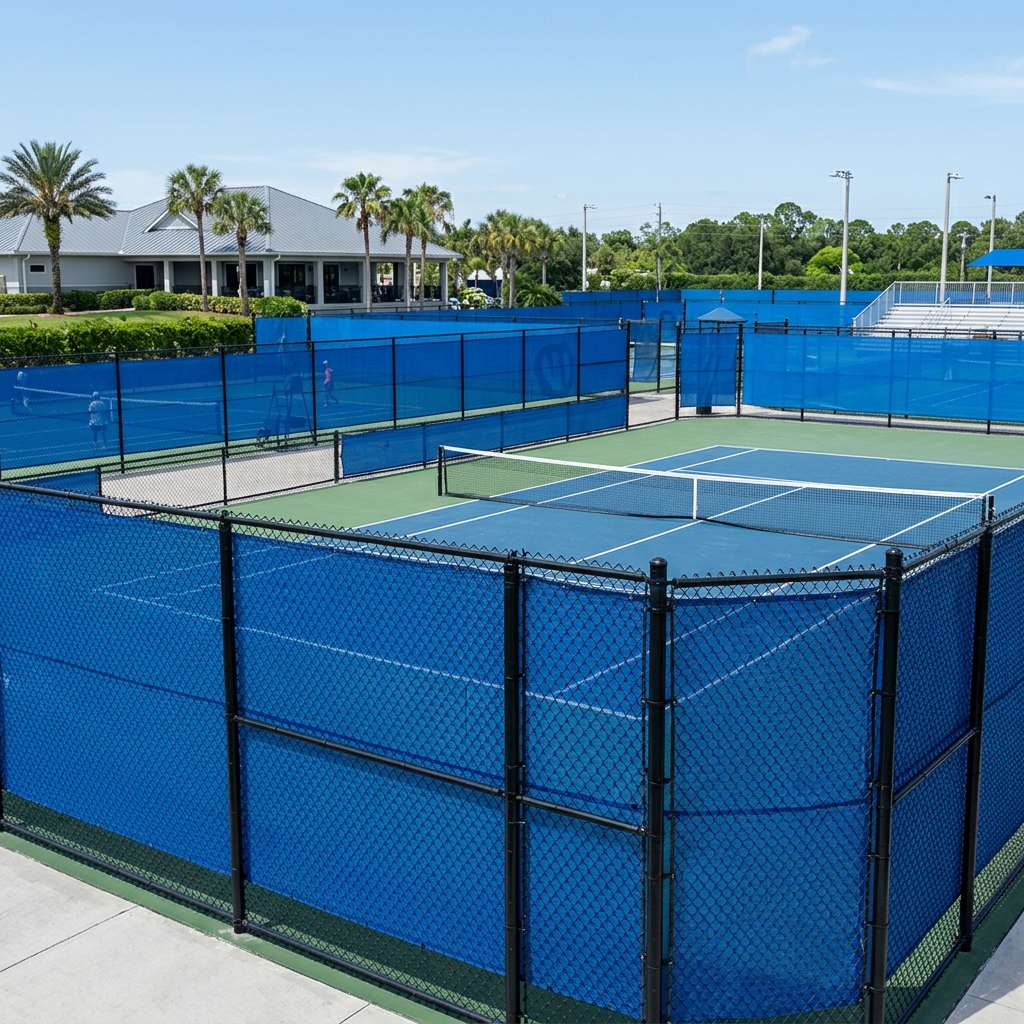 Blue windscreening around tennis courts